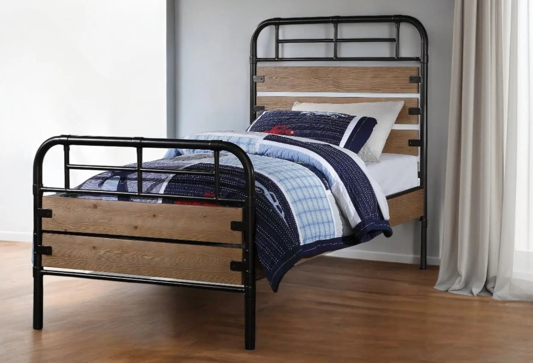 Black And Oak Shiplap Texture Wood and Metal Twin Bed Frame Homeroots Bed & Bath