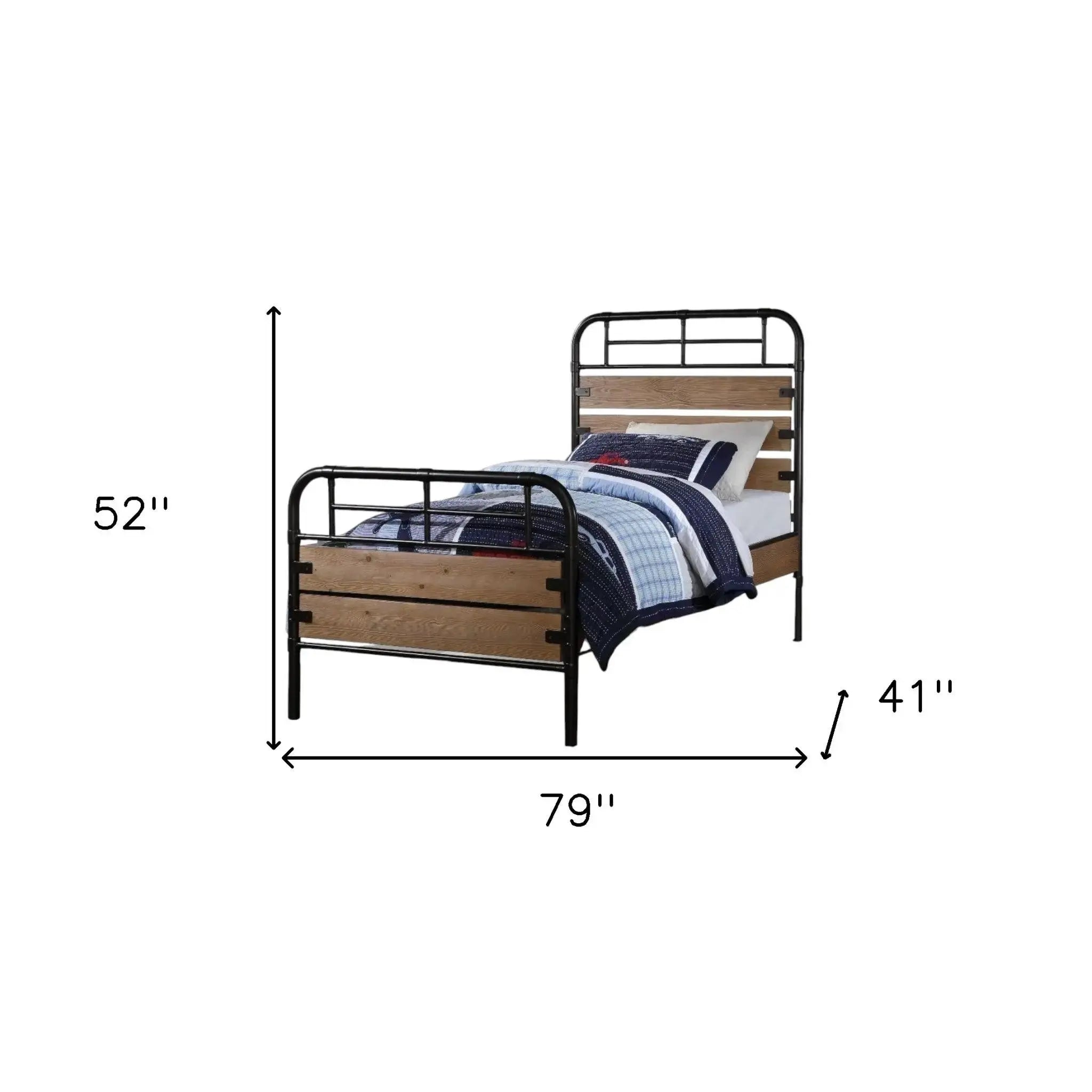 Black And Oak Shiplap Texture Wood and Metal Twin Bed Frame Homeroots Bed & Bath