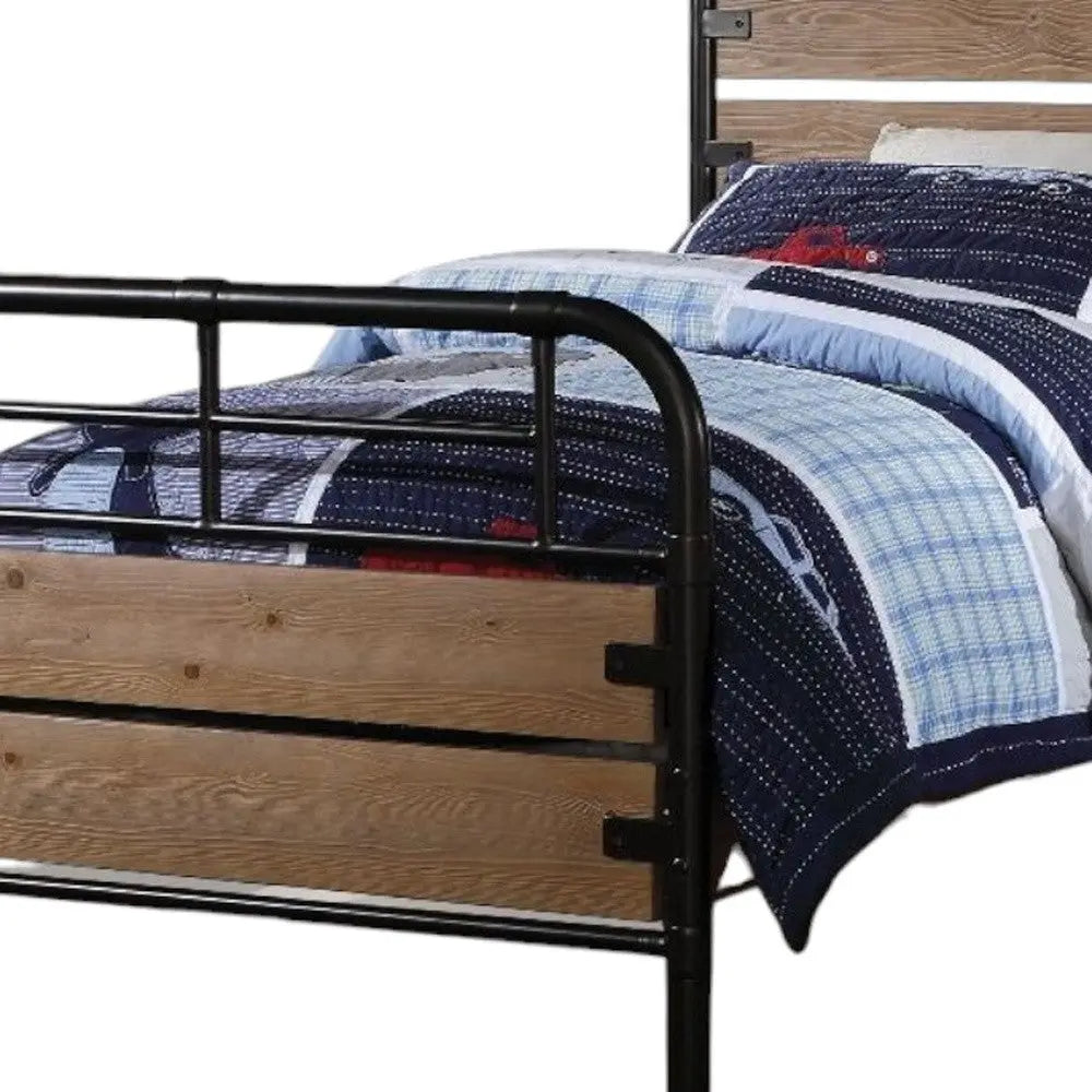 Black And Oak Shiplap Texture Wood and Metal Twin Bed Frame Homeroots Bed & Bath