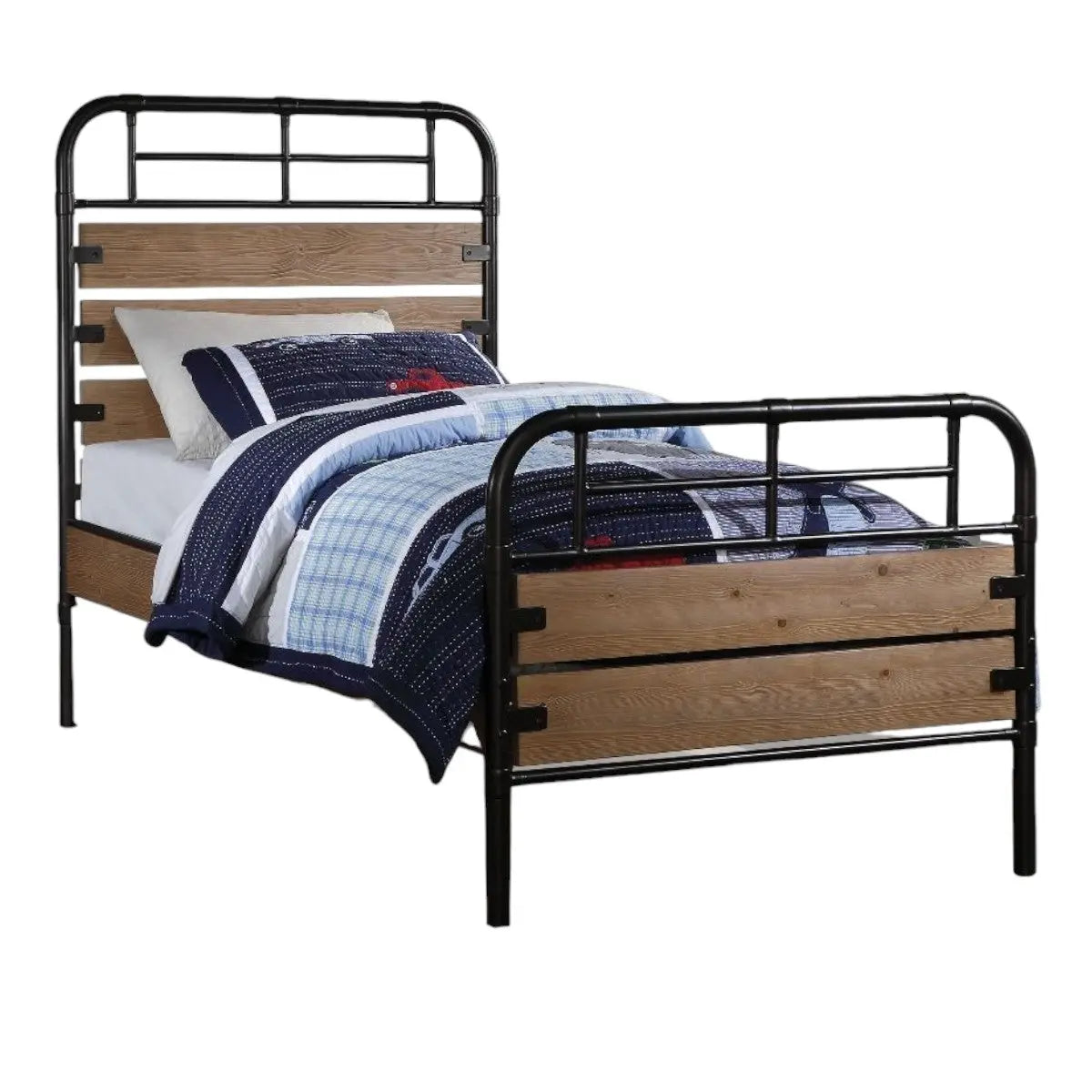 Black And Oak Shiplap Texture Wood and Metal Twin Bed Frame Homeroots Bed & Bath