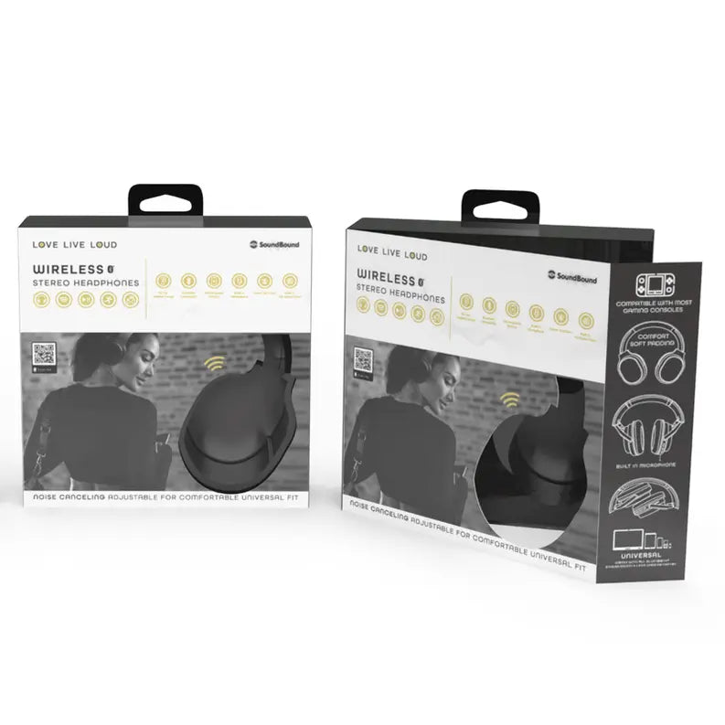 Black Bluetooth Headphone with black soft comfort padding & Chrome Silver Buttons with compact folding design Soundbound