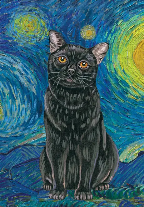 Black Cat- - Tomoyo Pitcher Van Gogh Cat- House and Garden Flag Best of Breed