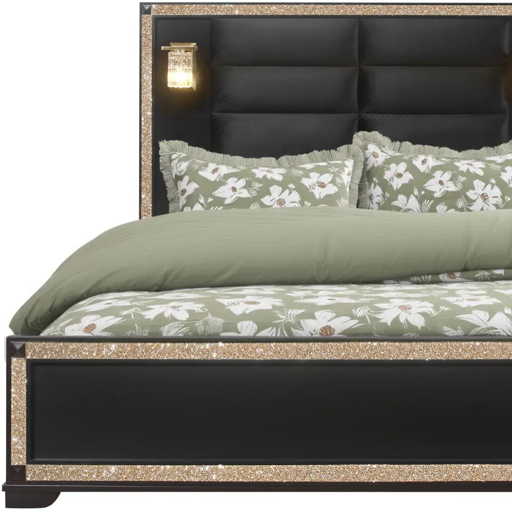 Black Faux Crystal Bling Wood And Upholstery Lighted Queen Bed Frame Homeroots Bed & Bath