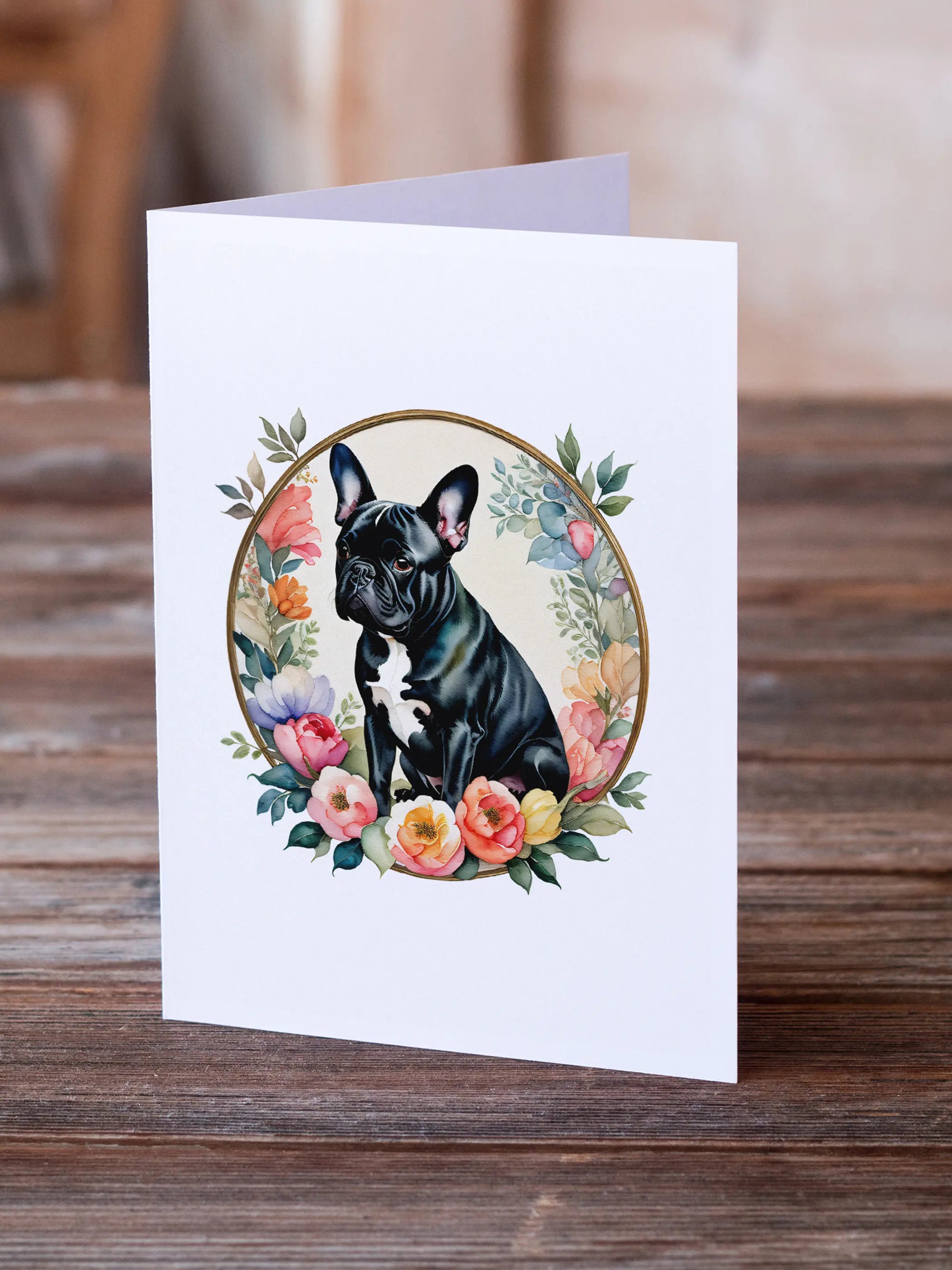 Black French Bulldog and Flowers Greeting Cards Pack of 8 Caroline's Treasures
