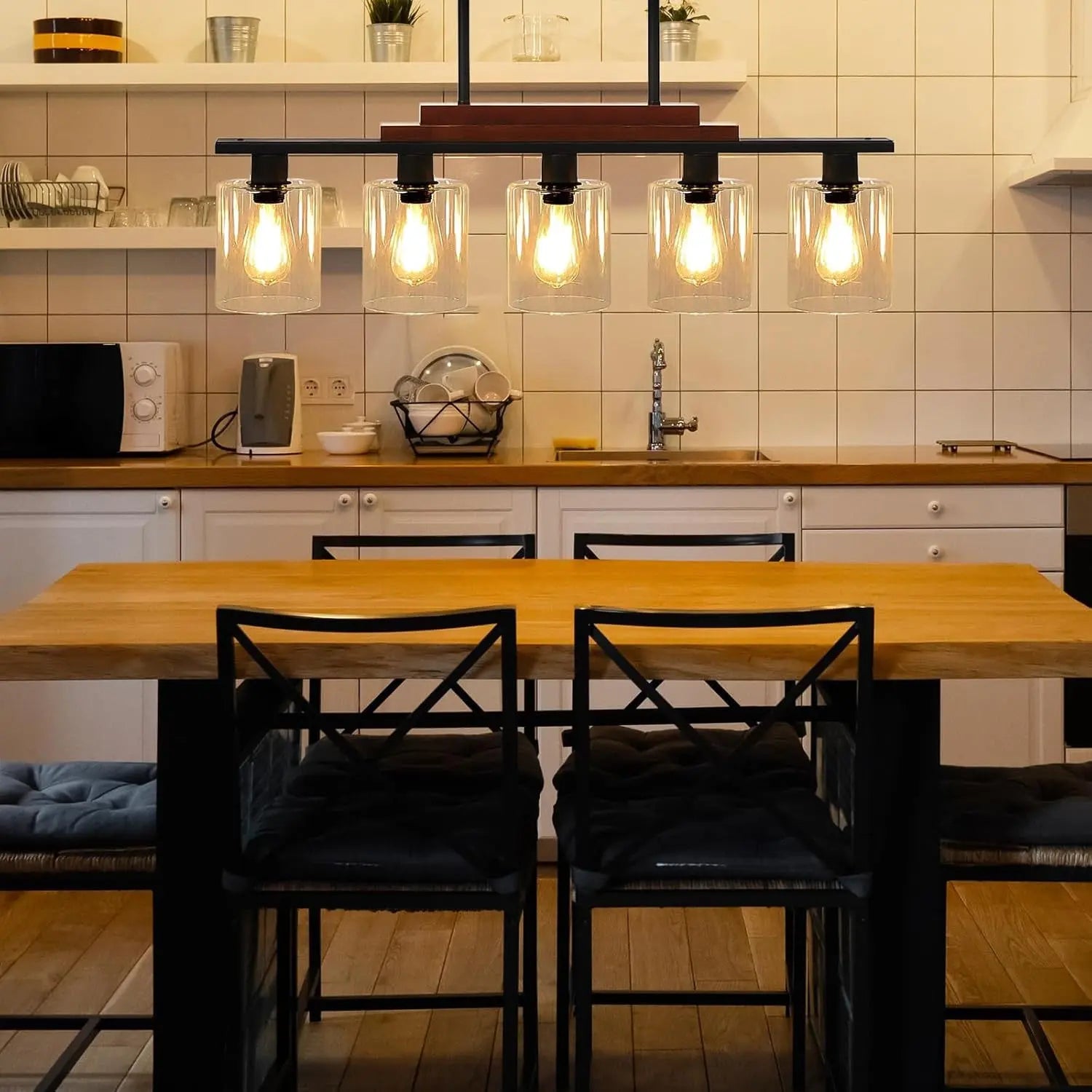 Black Kitchen Island Five Light Plastic and Wrought Iron Transparent Glass Flush Chandelier With Stone Shades Homeroots Lighting