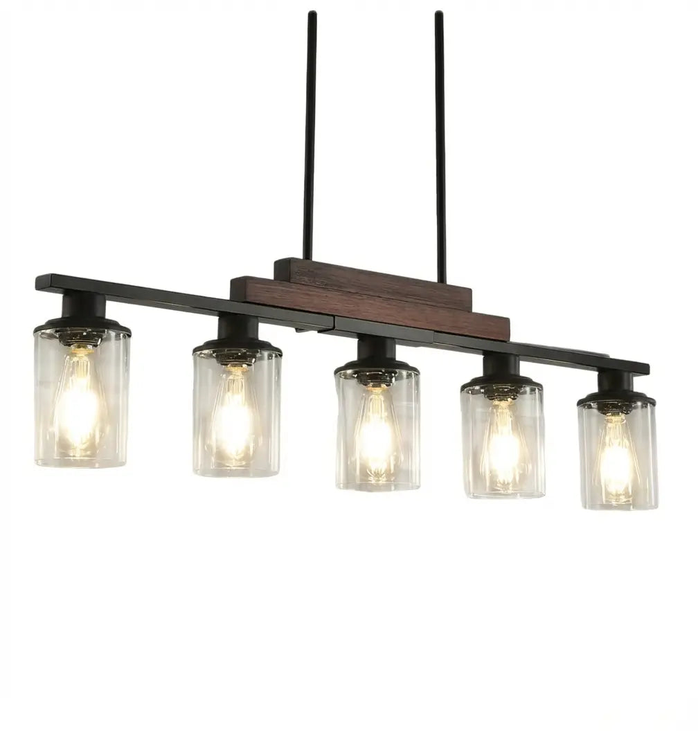 Black Kitchen Island Five Light Plastic and Wrought Iron Transparent Glass Flush Chandelier With Stone Shades Homeroots Lighting