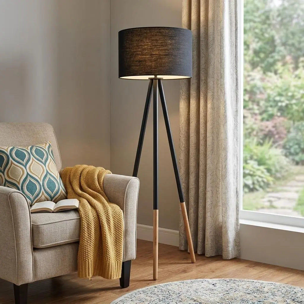 Black Metal Tripod Floor Lamp With Black Fabric Drum Shade Homeroots Lighting