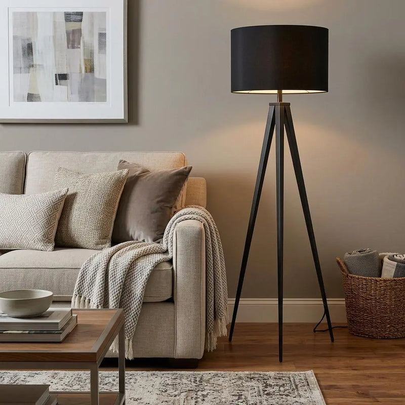 Black Metal Tripod Floor Lamp With Black Fabric Drum Shade Homeroots Lighting