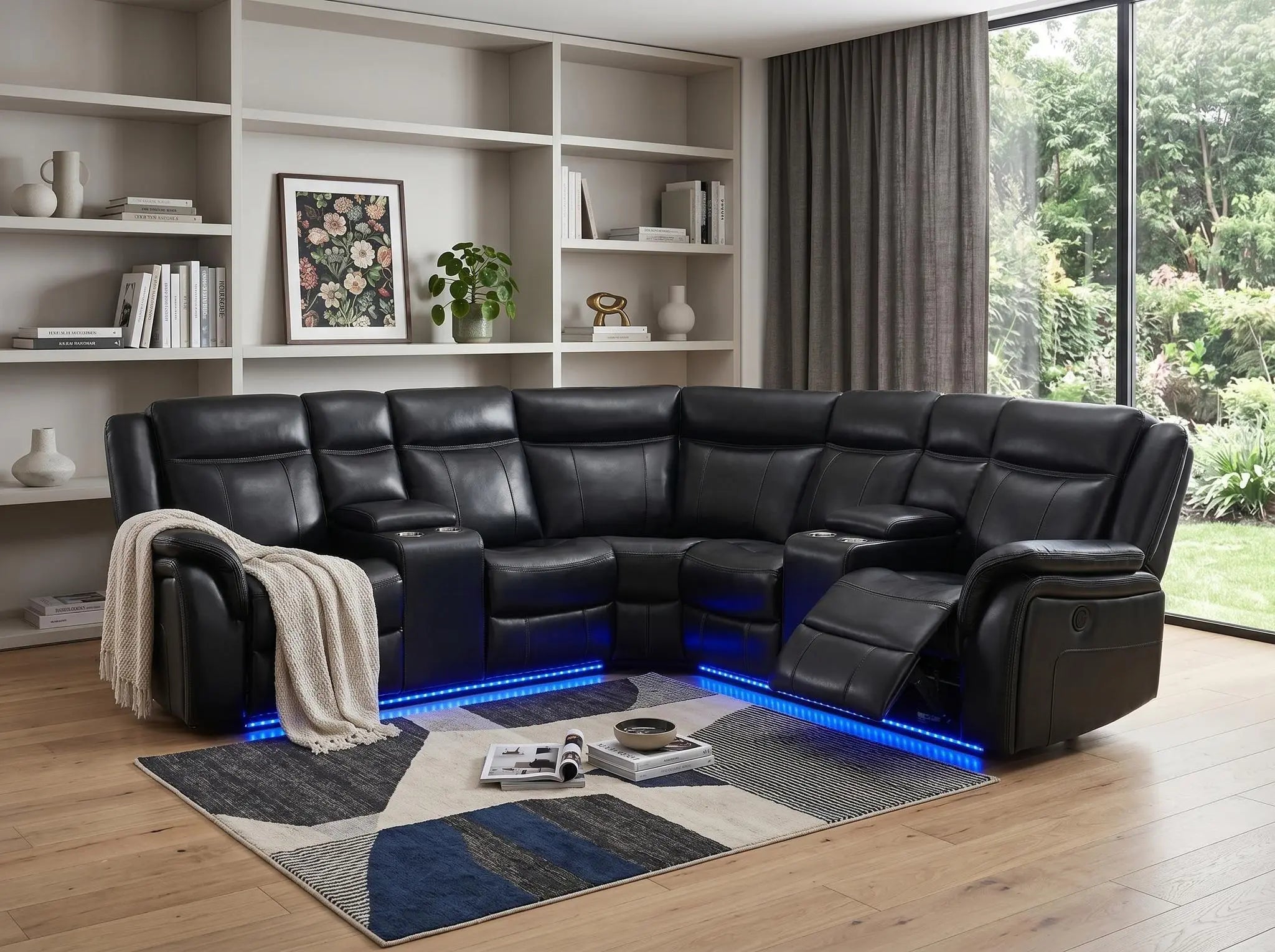 Black Polyester Blend Power Reclining L Shaped Three Piece Corner Sectional With Console Homeroots Living Room