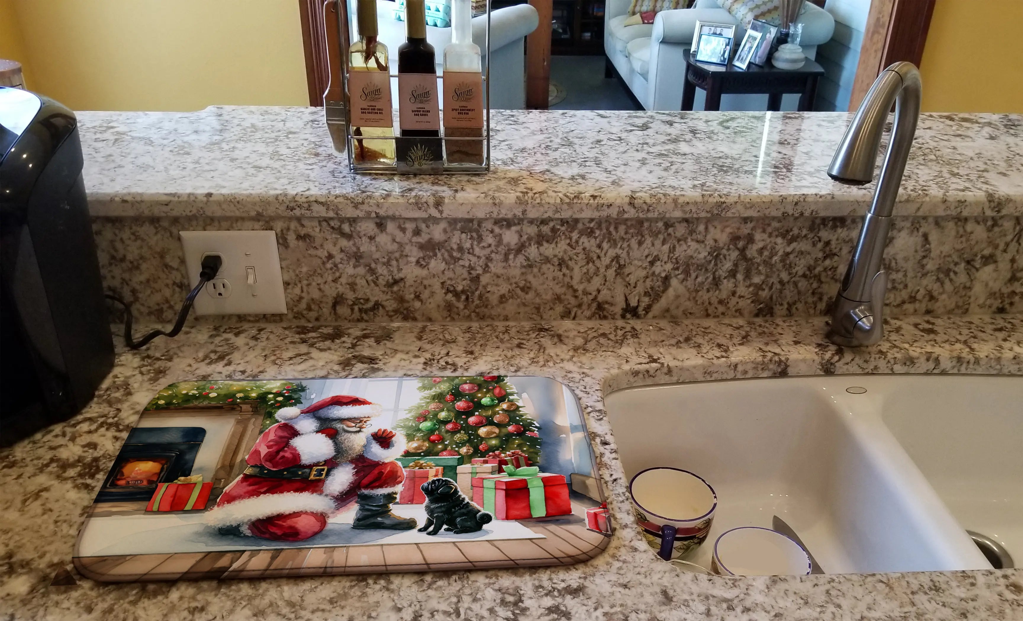 Black Pug and Santa Claus Dish Drying Mat Caroline's Treasures