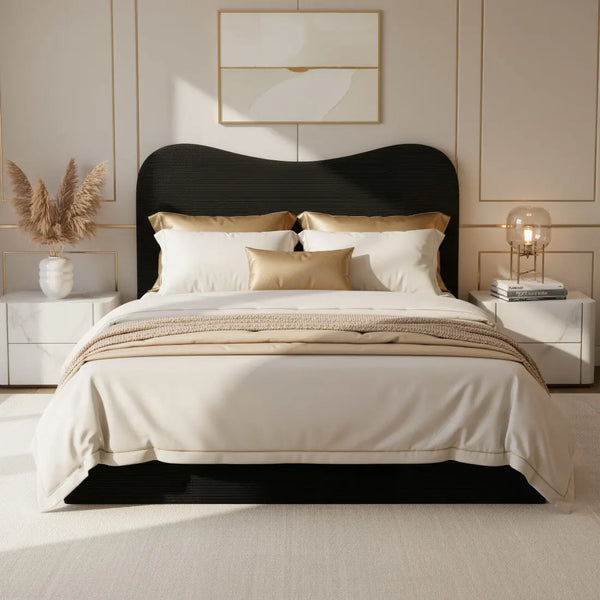 Black Ribbed Texture Velvet Upholstered Queen Bed Frame Homeroots Bed & Bath