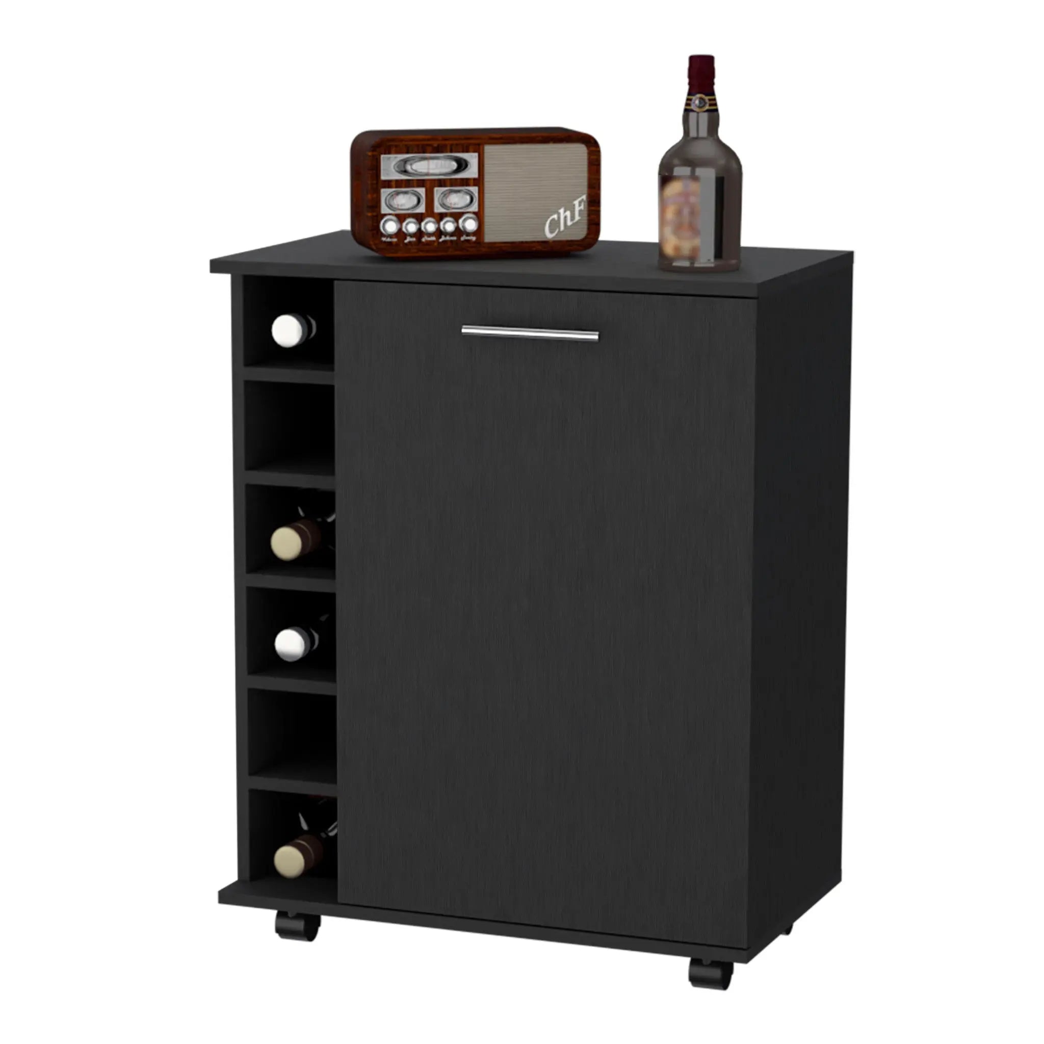 Black Rolling Bar Cart With Wine Storage Homeroots Kitchen & Dining