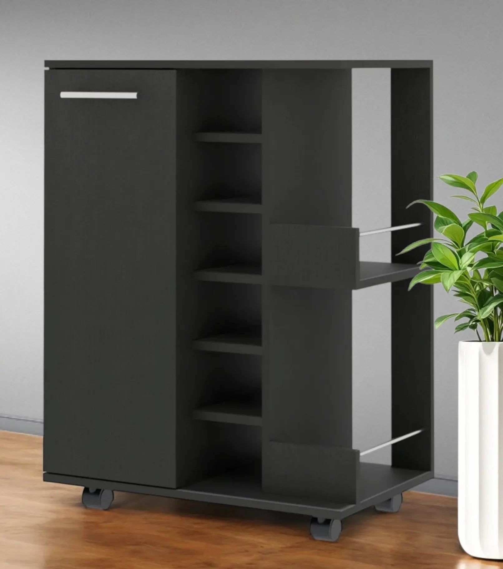 Black Rolling Bar Cart With Wine Storage Homeroots Kitchen & Dining