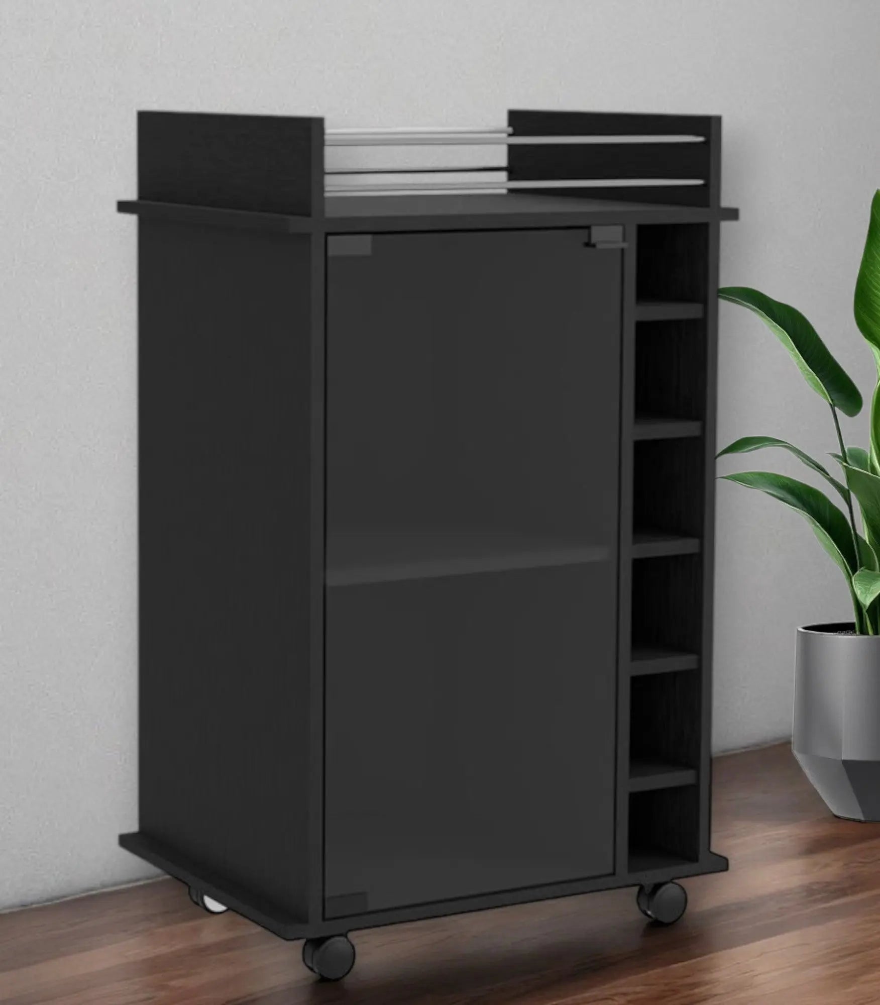 Black Rolling Bar Cart With Wine Storage Homeroots Kitchen & Dining