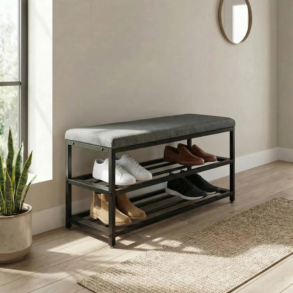 Black Six Pair MetalShoe Storage Bench Homeroots Organization