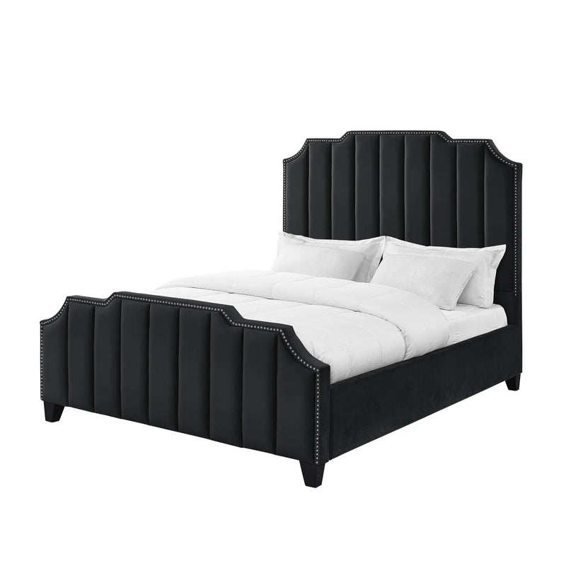 Black Solid Wood Queen Tufted Upholstered Velvet Bed with Nailhead Trim Homeroots Bed & Bath
