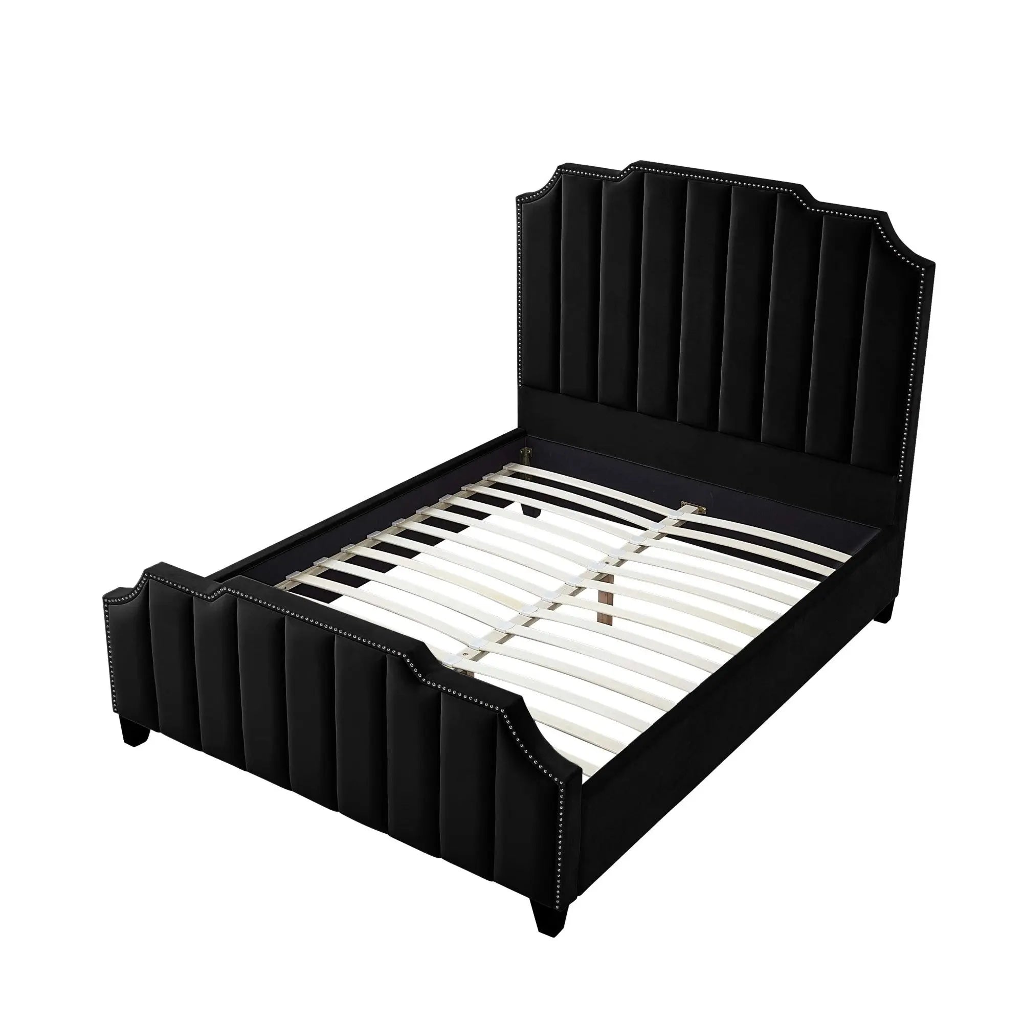 Black Solid Wood Queen Tufted Upholstered Velvet Bed with Nailhead Trim Homeroots Bed & Bath