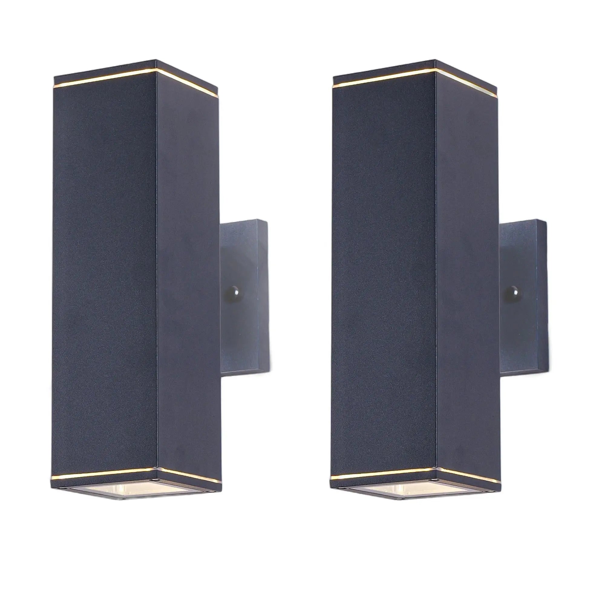 Set of two modern black and gold wall sconces, rectangular metal design, ideal for contemporary indoor lighting.