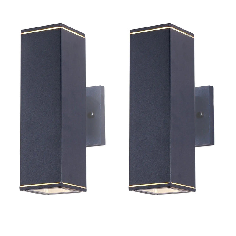 Set of two modern black and gold wall sconces, rectangular metal design, ideal for contemporary indoor lighting.