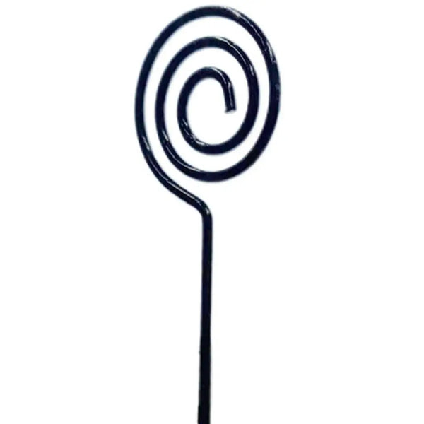 Black metal spiral garden stake, stylish and durable for outdoor decor.
