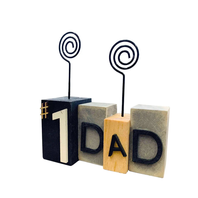 Black and gray wood #1 Dad photo holder with spiral wire clips, perfect for Father's Day or gifting.