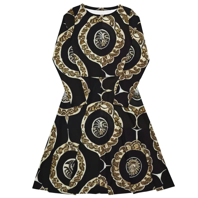 Black and Gold Print Long Sleeve Midi Dress Adirelounge