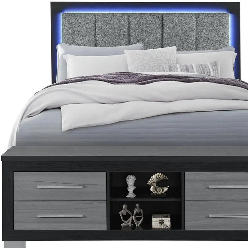 Black and Gray Wood And Upholstery Lighted Upholstered Queen Bed Frame With USB And Drawers Homeroots Bed & Bath