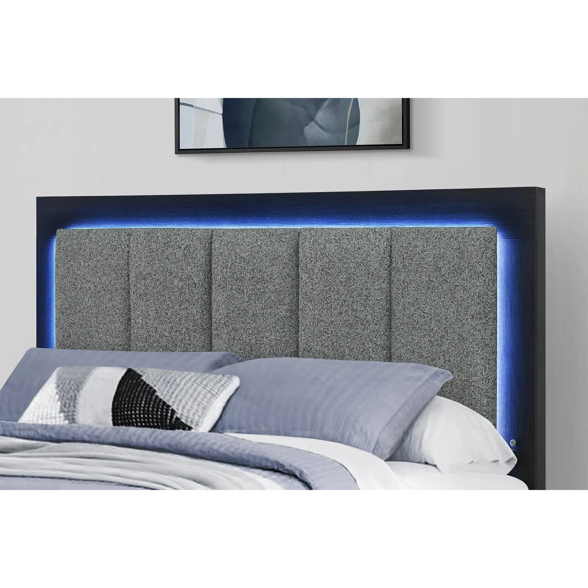 Black and Gray Wood And Upholstery Lighted Upholstered Queen Bed Frame With USB And Drawers Homeroots Bed & Bath