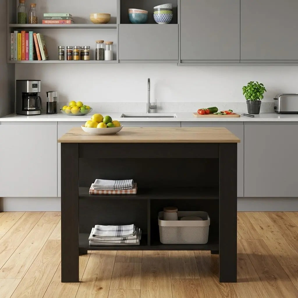 Black and Oak 41" Kitchen Island With Storage Homeroots Kitchen & Dining