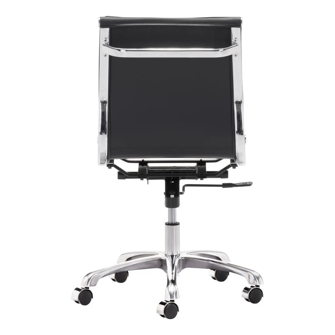 Black leather office chair with chrome base and adjustable height, designed for modern workspaces.