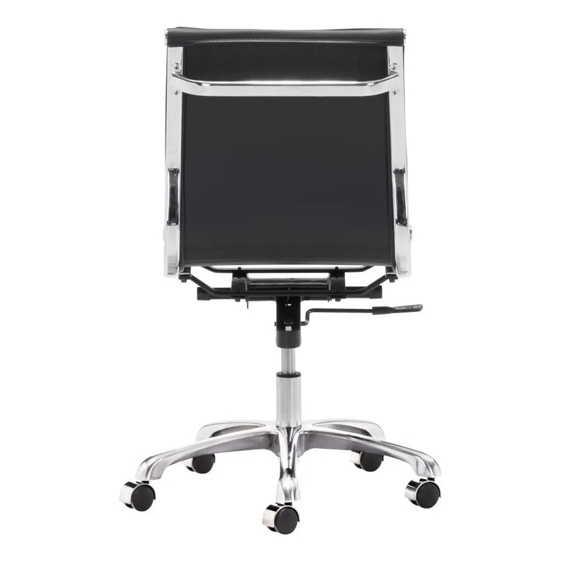 Black leather office chair with chrome base and adjustable height, designed for modern workspaces.