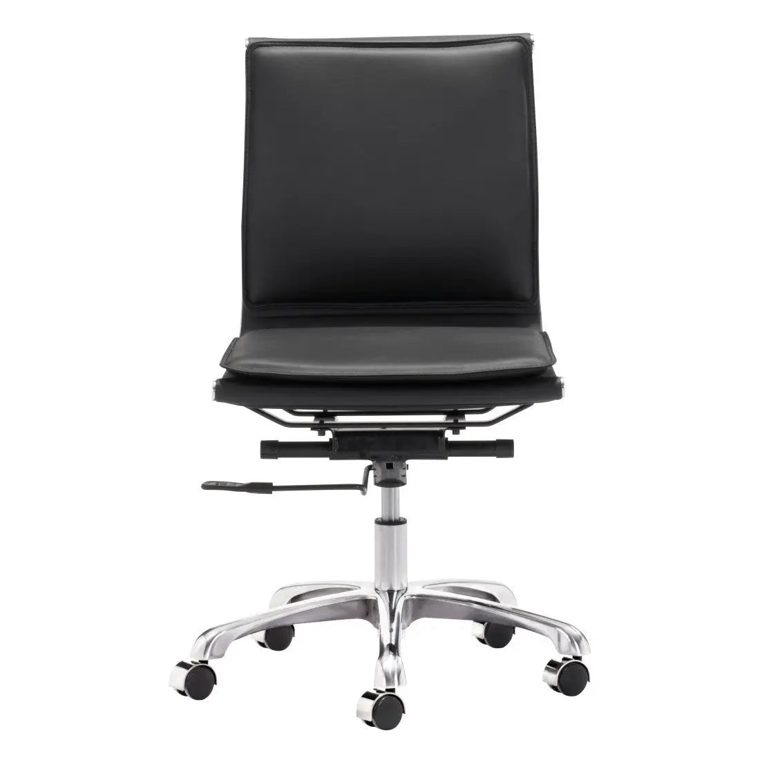 Black leather office chair with chrome base, modern design, adjustable height, and five caster wheels.