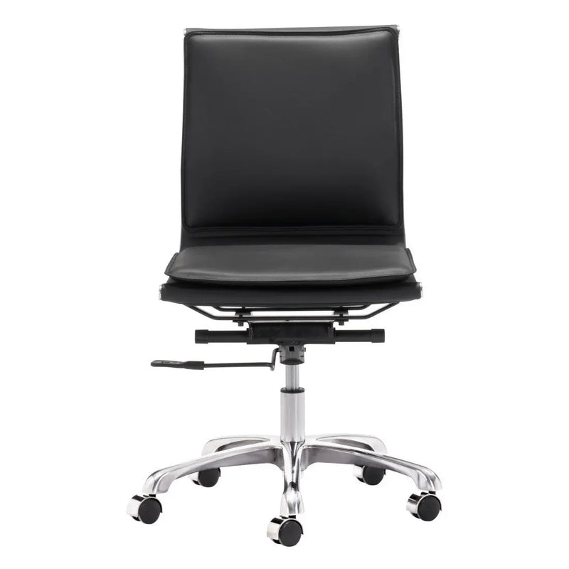 Black leather office chair with chrome base, modern design, adjustable height, and five caster wheels.