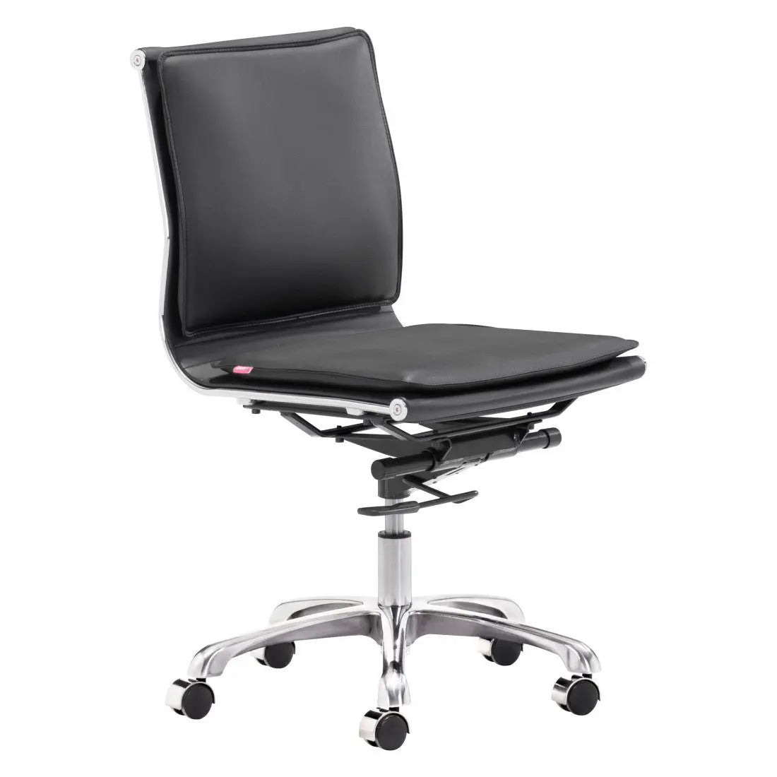 Black leather office chair with chrome base, adjustable height, and rolling wheels for modern workspace style.