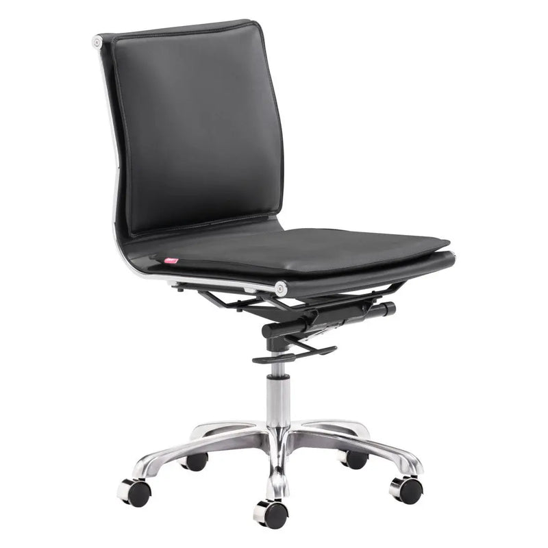 Black leather office chair with chrome base, adjustable height, and rolling wheels for modern workspace style.