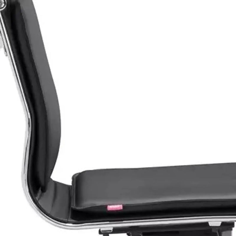 Black leather ergonomic office chair seat with sleek chrome base, designed for comfort and style.
