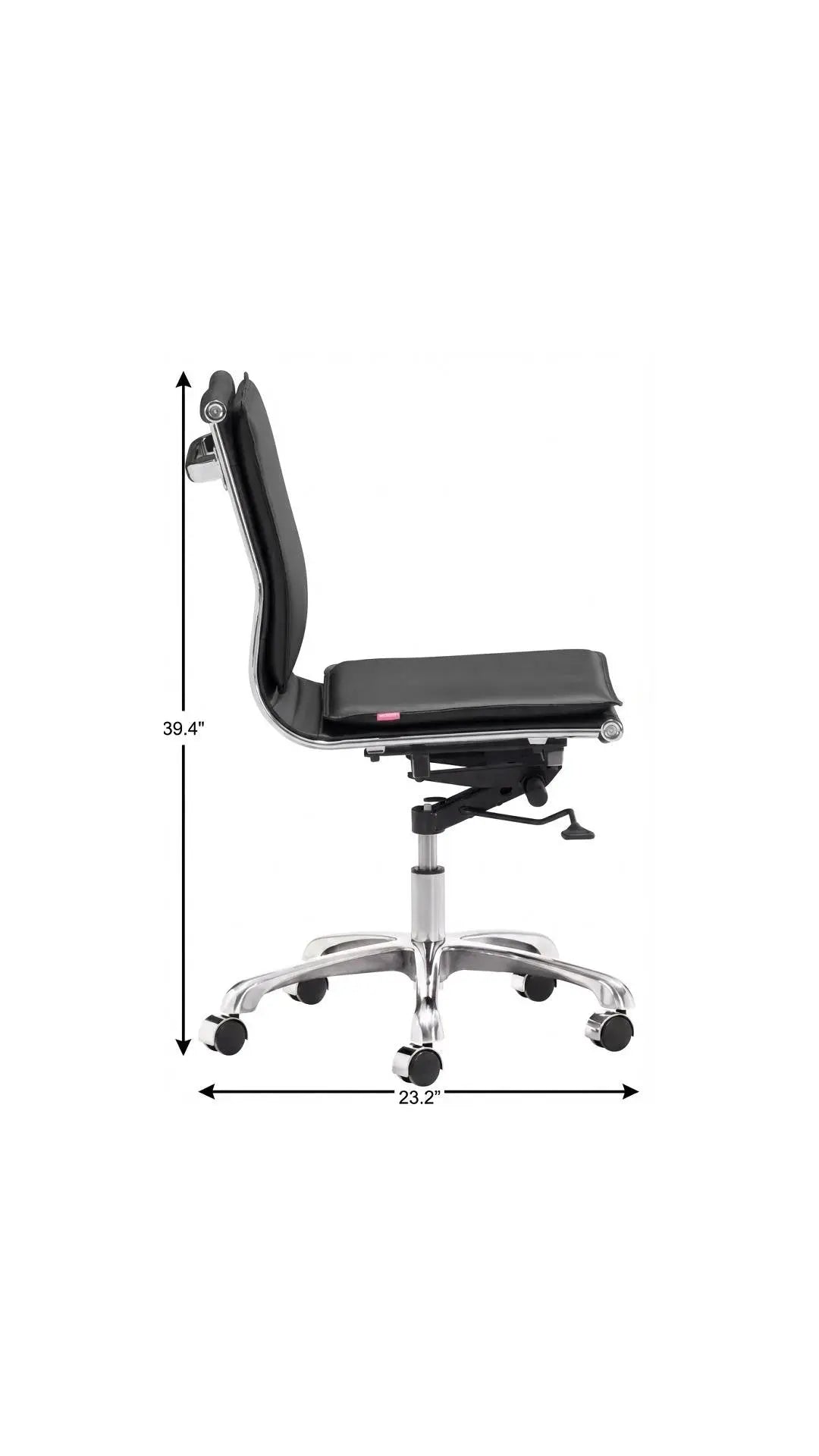 Black leather office chair with chrome base, adjustable height, and minimalist design. Dimensions: 39.4"H x 23.2"W.