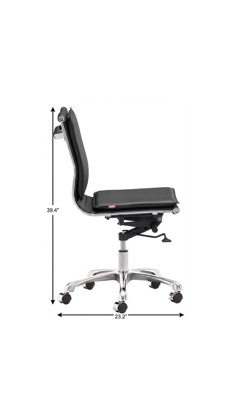 Black leather office chair with chrome base, adjustable height, and minimalist design. Dimensions: 39.4"H x 23.2"W.