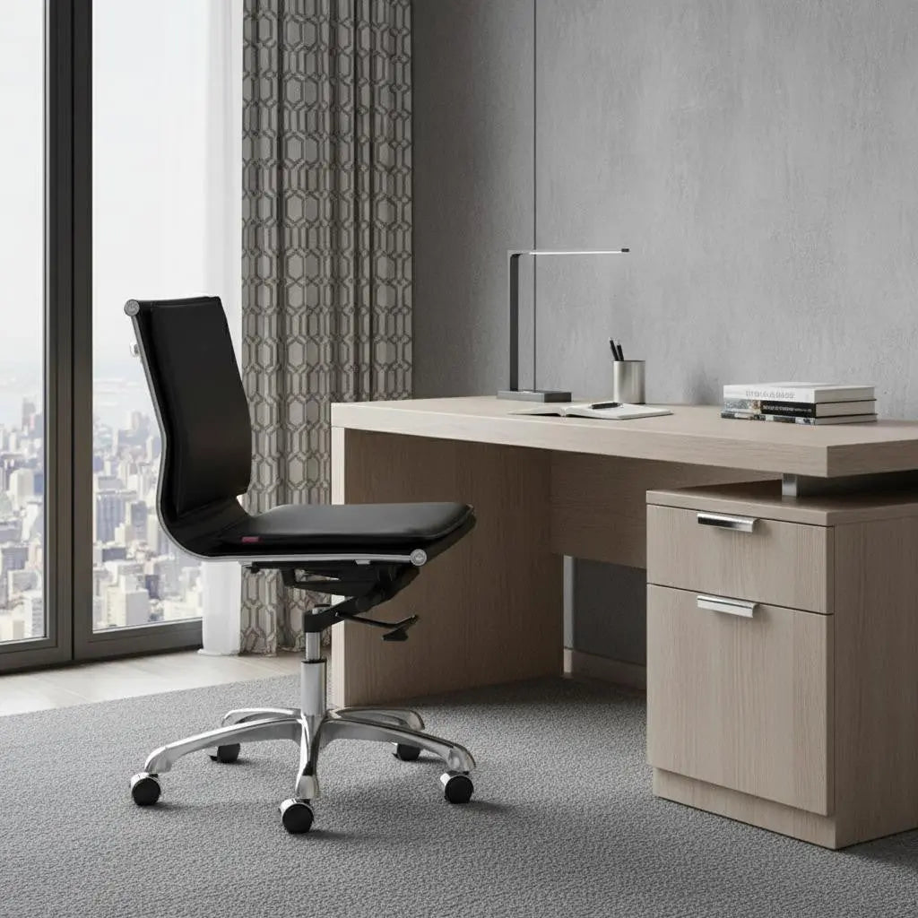 Modern black ergonomic office chair on wheels beside a light wood desk in a stylish, airy workspace.