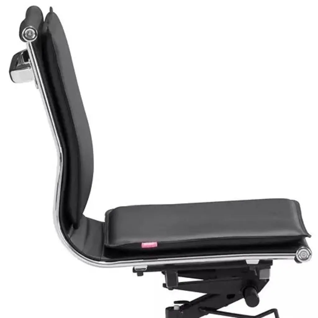 Sleek black vinyl office chair with chrome accents, ergonomic design for comfort and style.