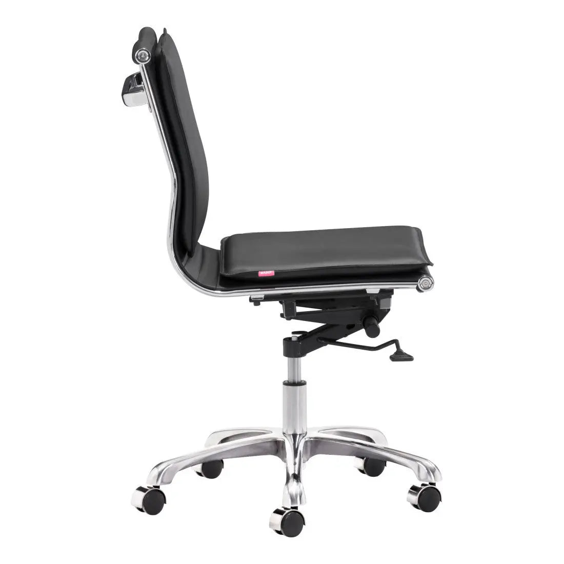 Sleek black faux leather office chair with chrome base and adjustable height, perfect for modern workspaces.