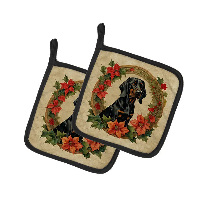 Black and Tan Coonhound Christmas Flowers Pair of Pot Holders Caroline's Treasures