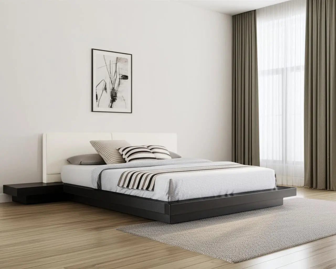 Black and White Wood And Faux Leather King Bed Frame With Attached Nightstands Homeroots Bed & Bath