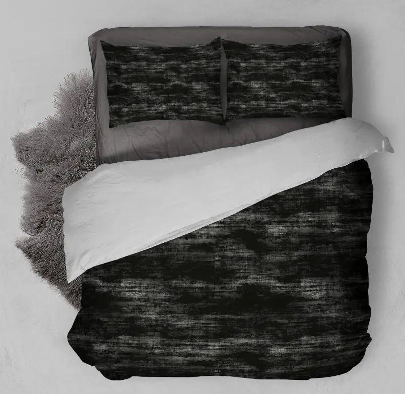 Black and gray brushed cotton duvet cover set with matching shams, modern design for a stylish bedroom.