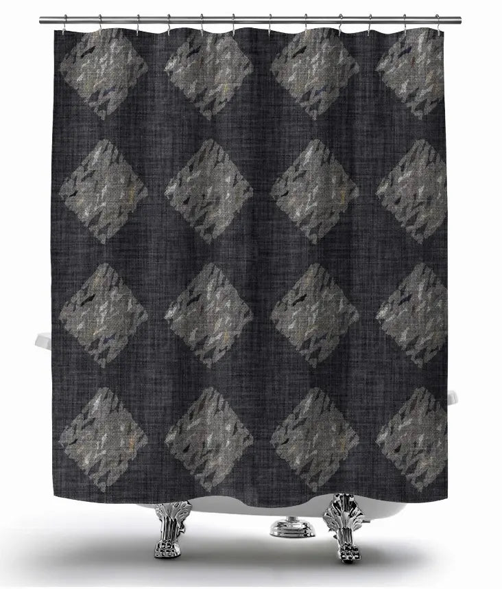 Dark gray shower curtain with diamond pattern, featuring a textured fabric and stylish, modern design.