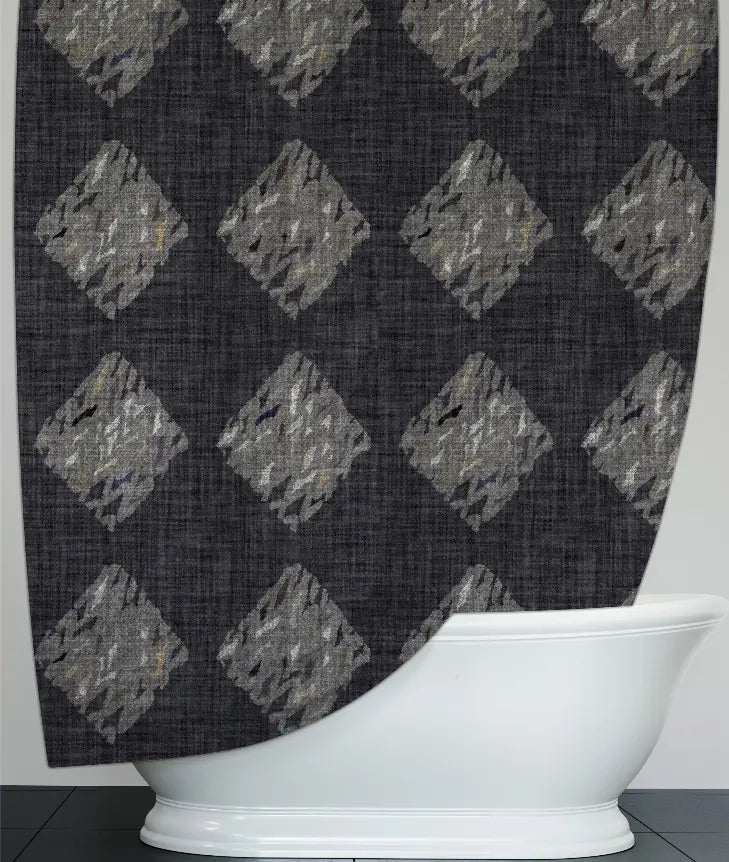 Dark gray geometric patterned shower curtain made of long-lasting polyester, featuring a diamond design.