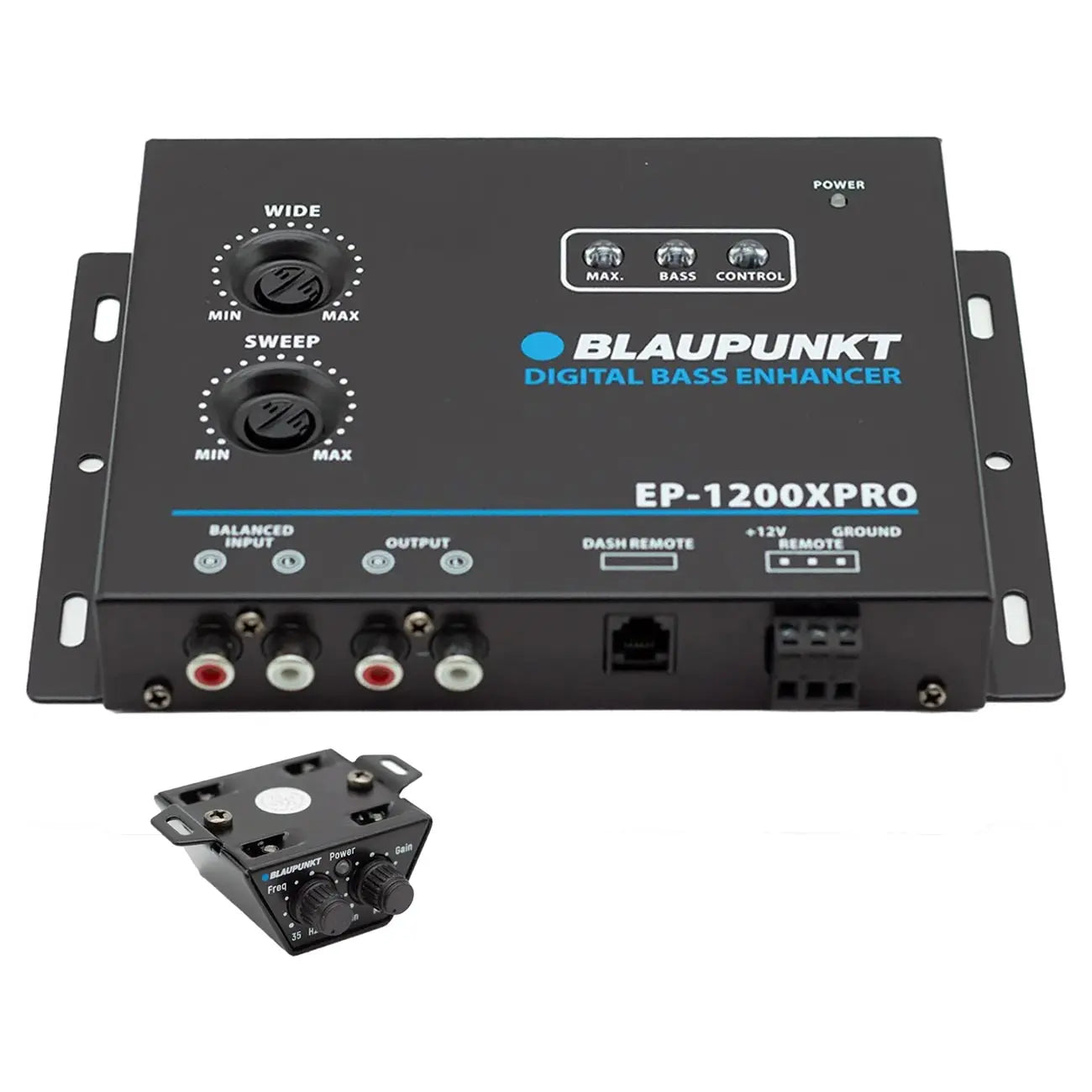 Blaupunkt EP-1200XPRO digital bass enhancer, sleek black design, adjustable controls for enhanced audio performance.