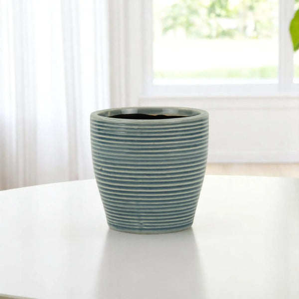 Blue Ceramic 22 Ounce Striped Round Distressed Pot Planter GreatEagleInc