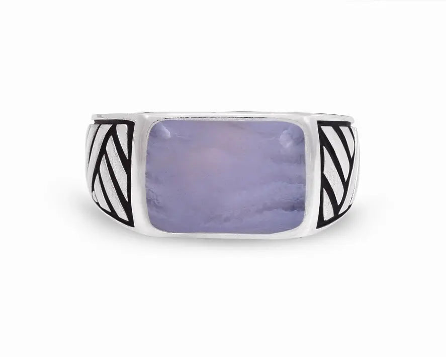 Blue Lace Agate Stone Signet Ring in Black Rhodium Plated Sterling Silver Luv My Jewelry