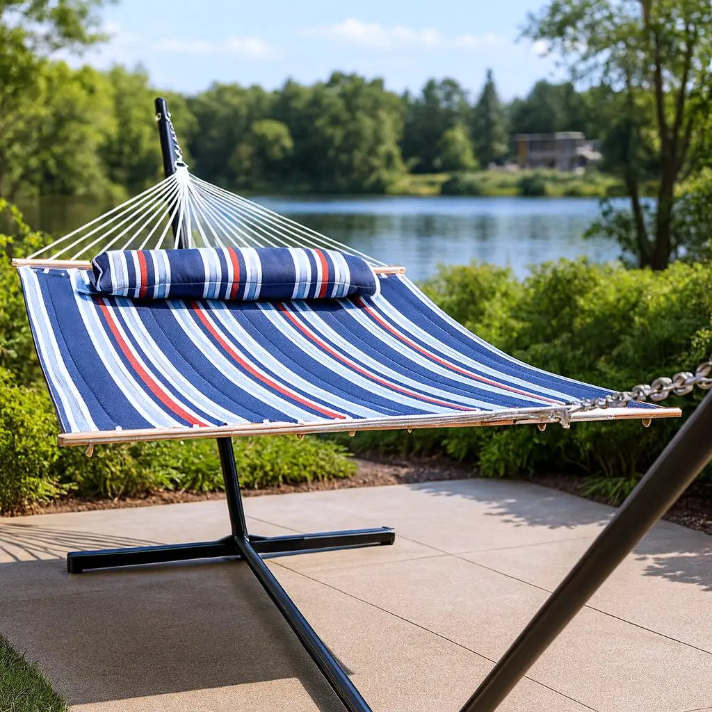 Blue Red And White Striped Double Hammock Homeroots Outdoor